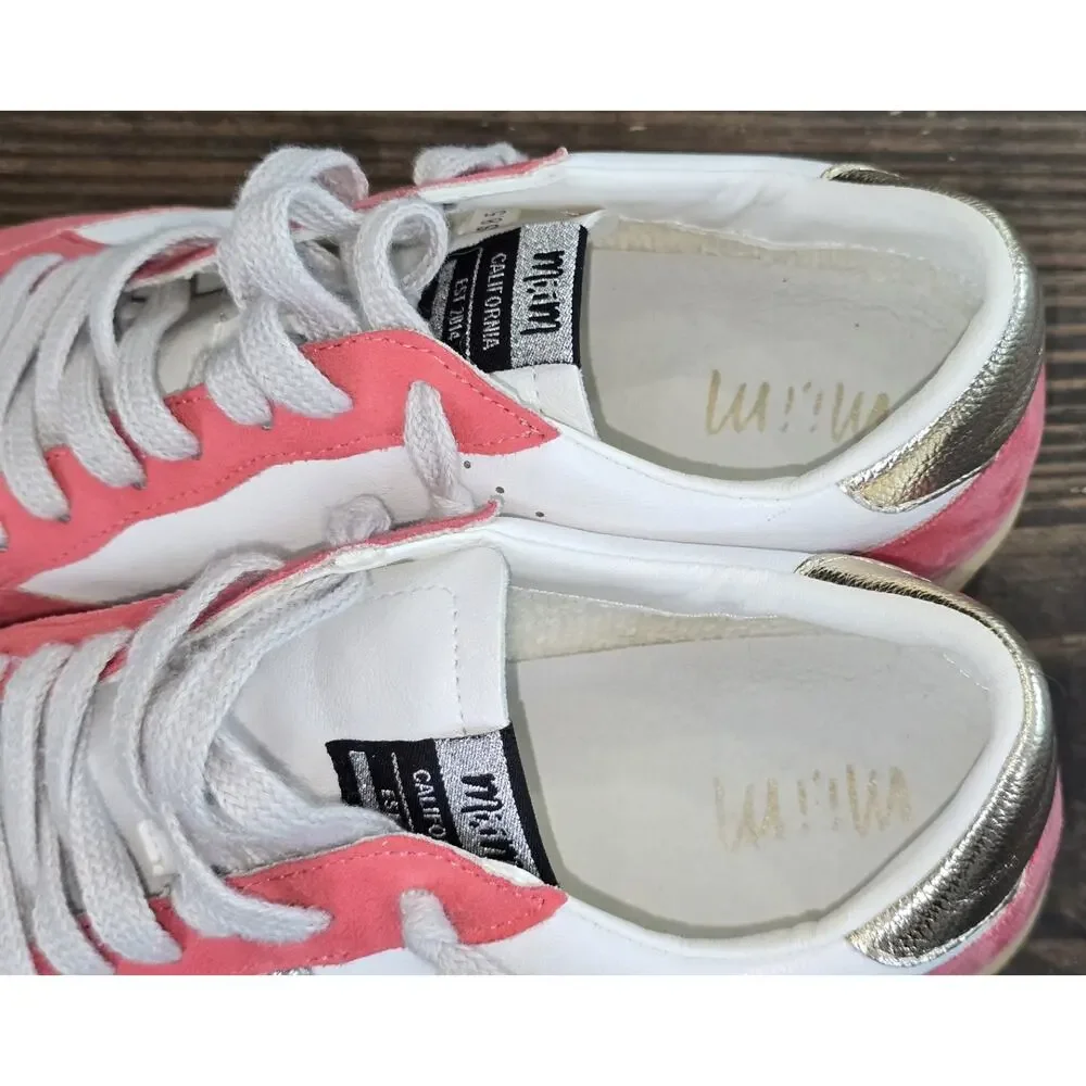 Mimi Women’s Avery Leather Sneaker White/Salmon Pink with Sparkly Star Size 8.5
